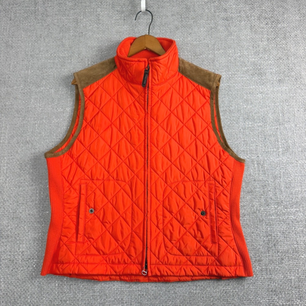Ralph Lauren Sport Quilted Vest Women XL Orange Excellent Leather Trim Vest